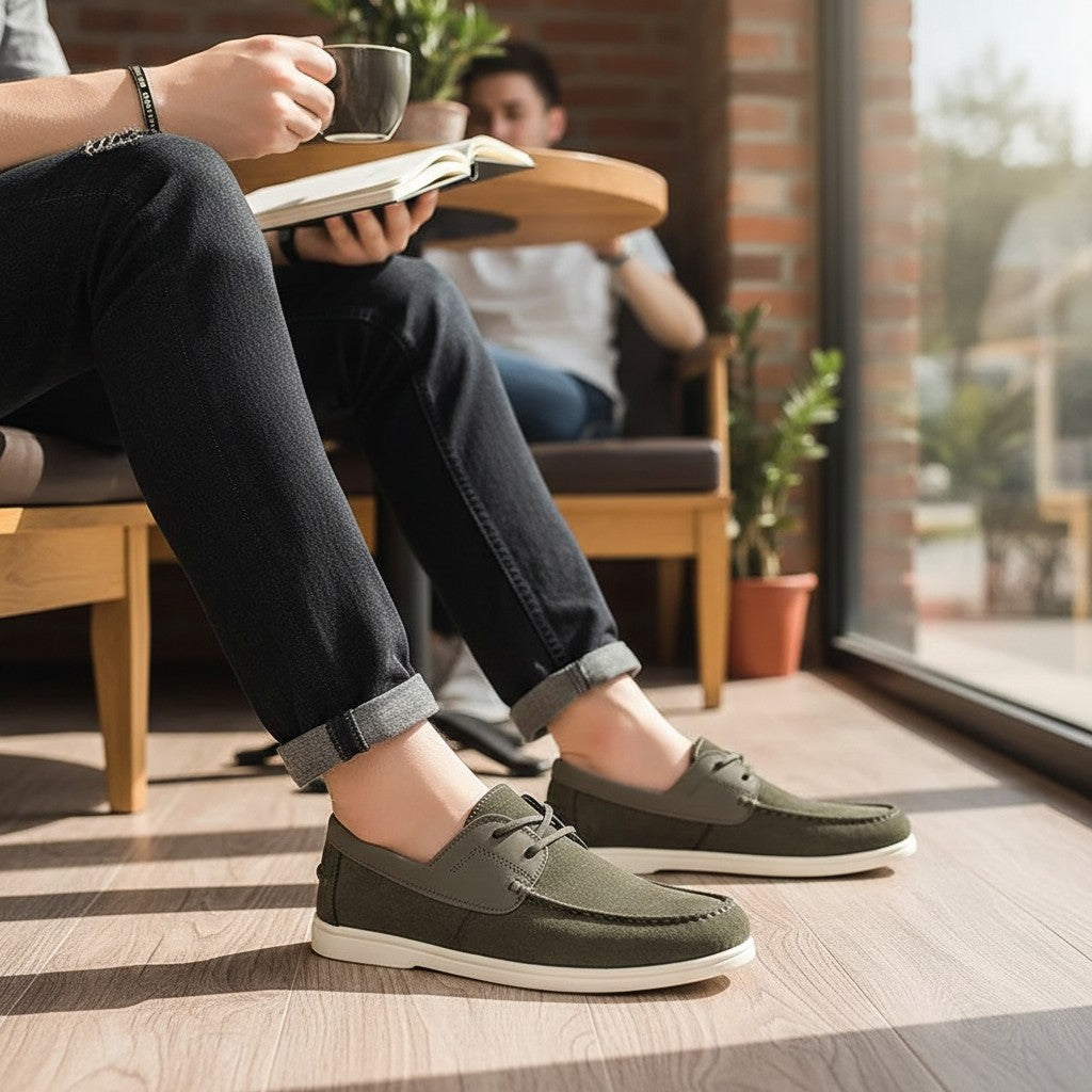 Men's dark green slip-on driving loafers with lace-up panels and white flat sole