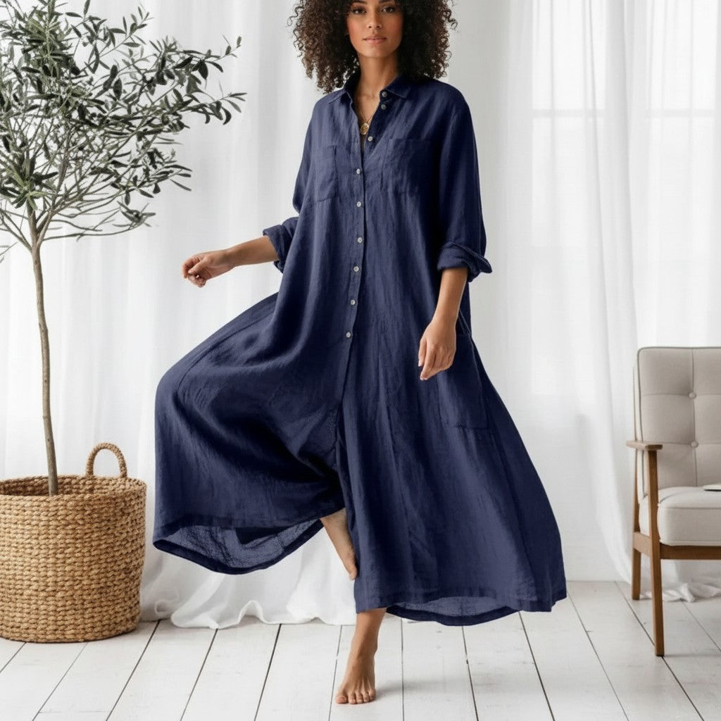 Women’s navy oversized cotton-linen jumpsuit with button front and long sleeves
