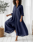 Women’s navy oversized cotton-linen jumpsuit with button front and long sleeves