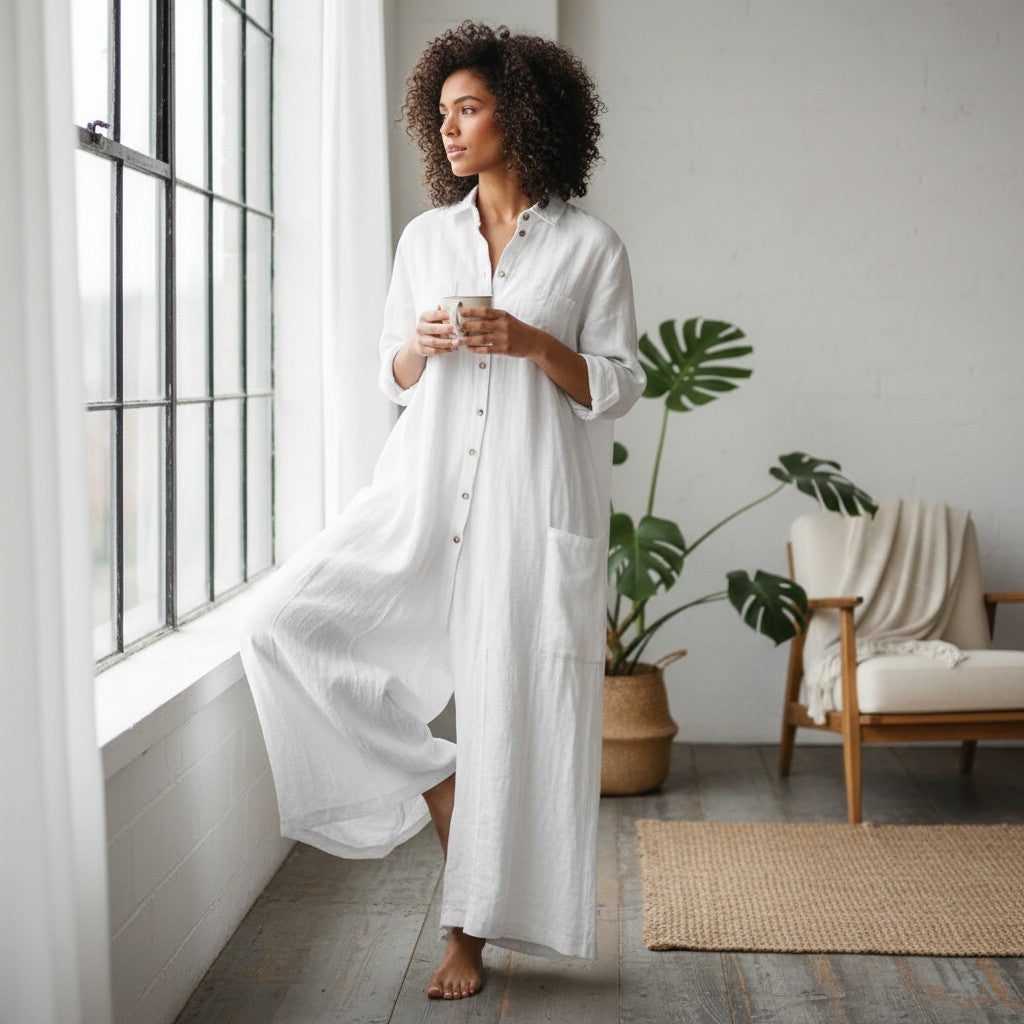 Women’s white oversized cotton-linen jumpsuit with button front and long sleeves