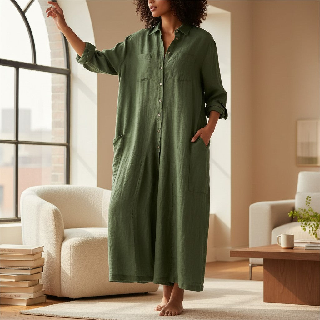 Women’s olive green oversized cotton-linen jumpsuit with button front and long sleeves
