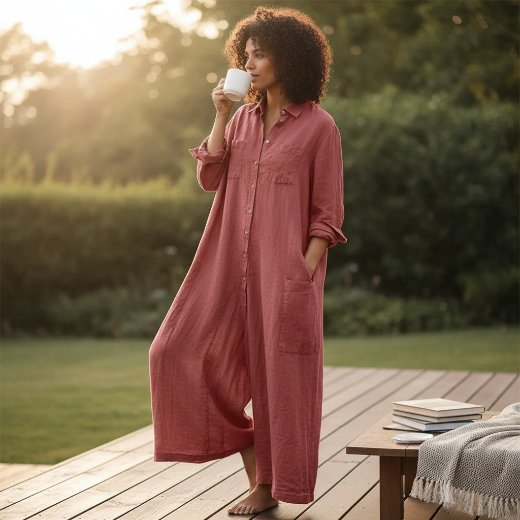 Women’s pink oversized cotton-linen jumpsuit with button front and three-quarter sleeves