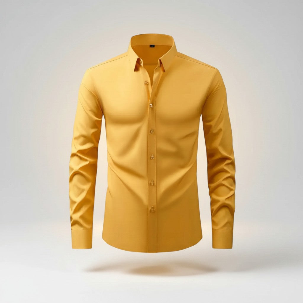 Men's slim-fit stretch dress shirt, yellow button-front long sleeves, pointed collar.