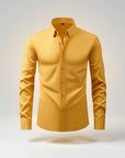 Men's slim-fit stretch dress shirt, yellow button-front long sleeves, pointed collar.