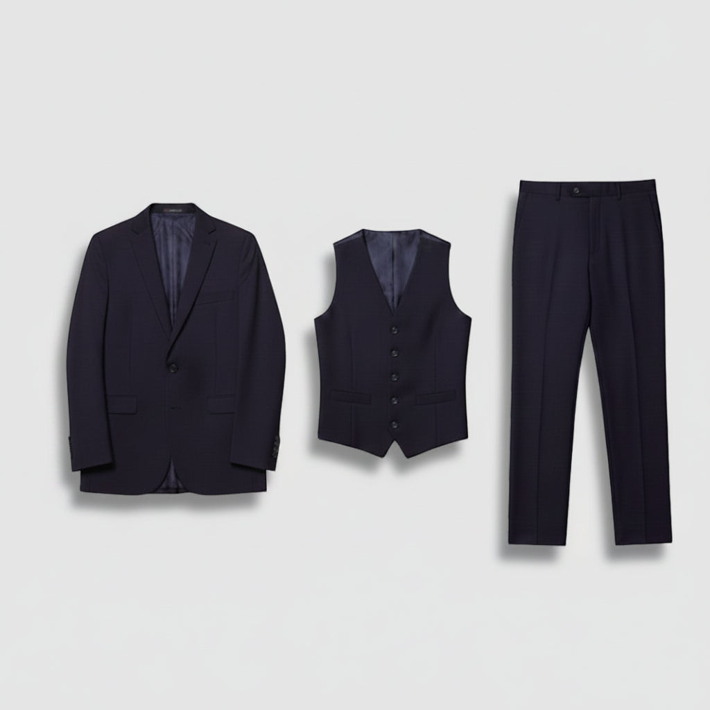 Men's 3-piece suit set laid flat: blazer, vest, and trousers, navy