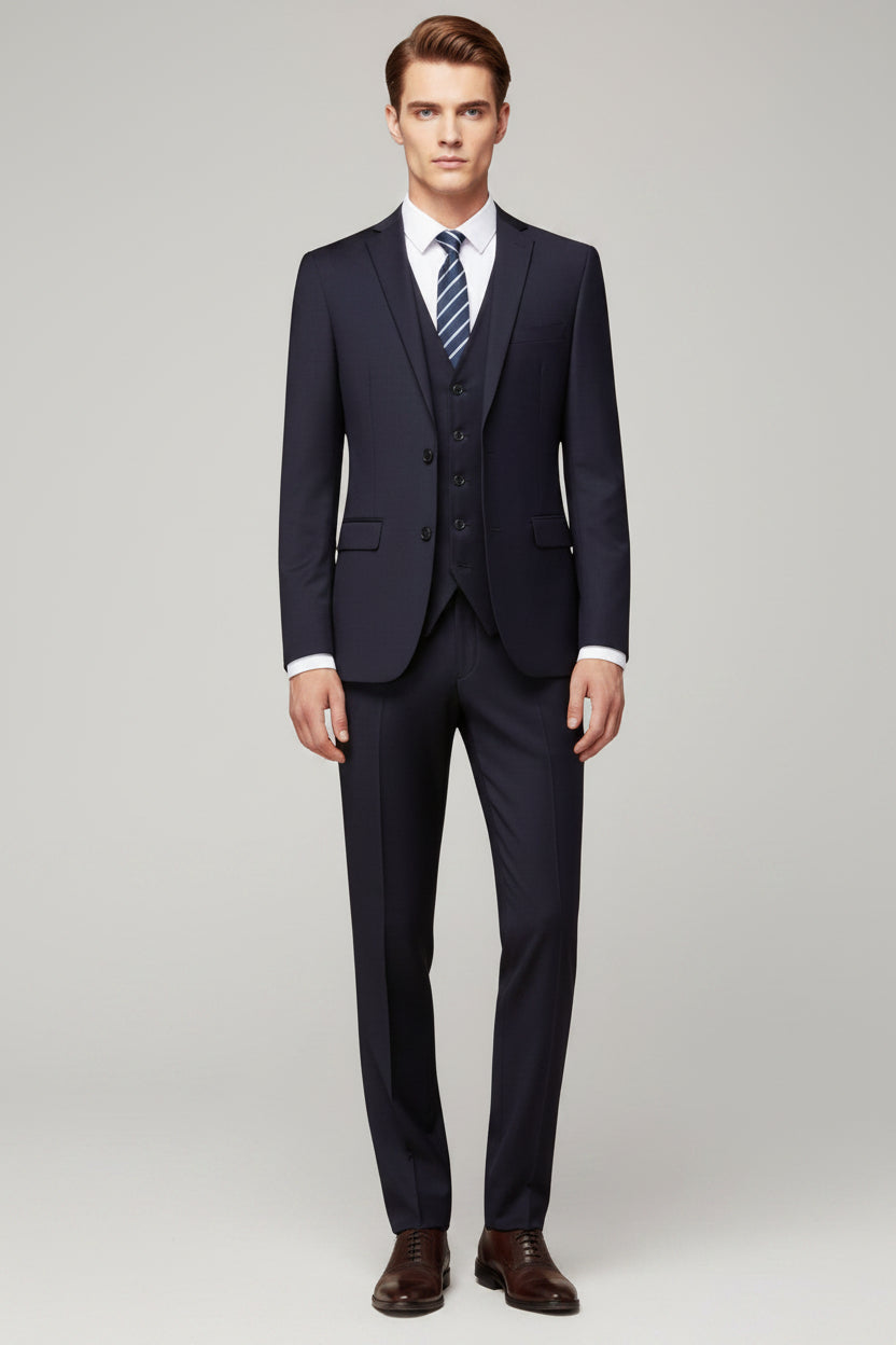 Men's 3-piece suit with notch lapel blazer and vest, navy, front view