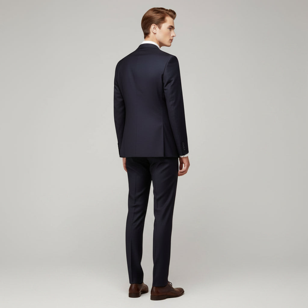 Men's 3-piece suit with notch lapel blazer, navy, back view