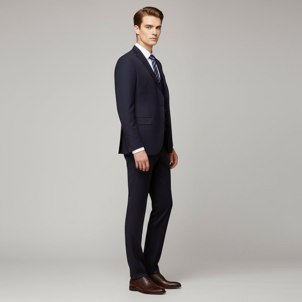 Men's 3-piece suit with notch lapel blazer and vest, navy, side view