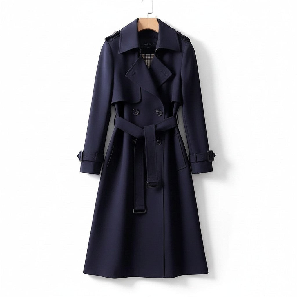 Navy long trench coat with double-breasted buttons, belted waist, and shoulder epaulets.