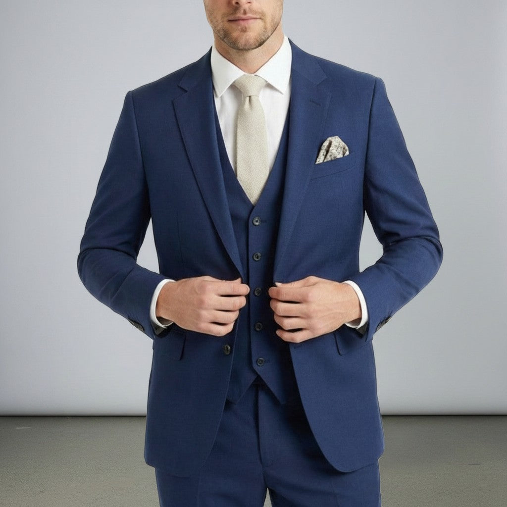 Navy three-piece suit set with tailored jacket, waistcoat, and matching trousers