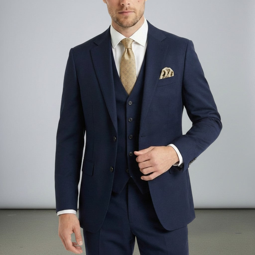Navy three-piece suit set with tailored jacket, waistcoat, and matching trousers