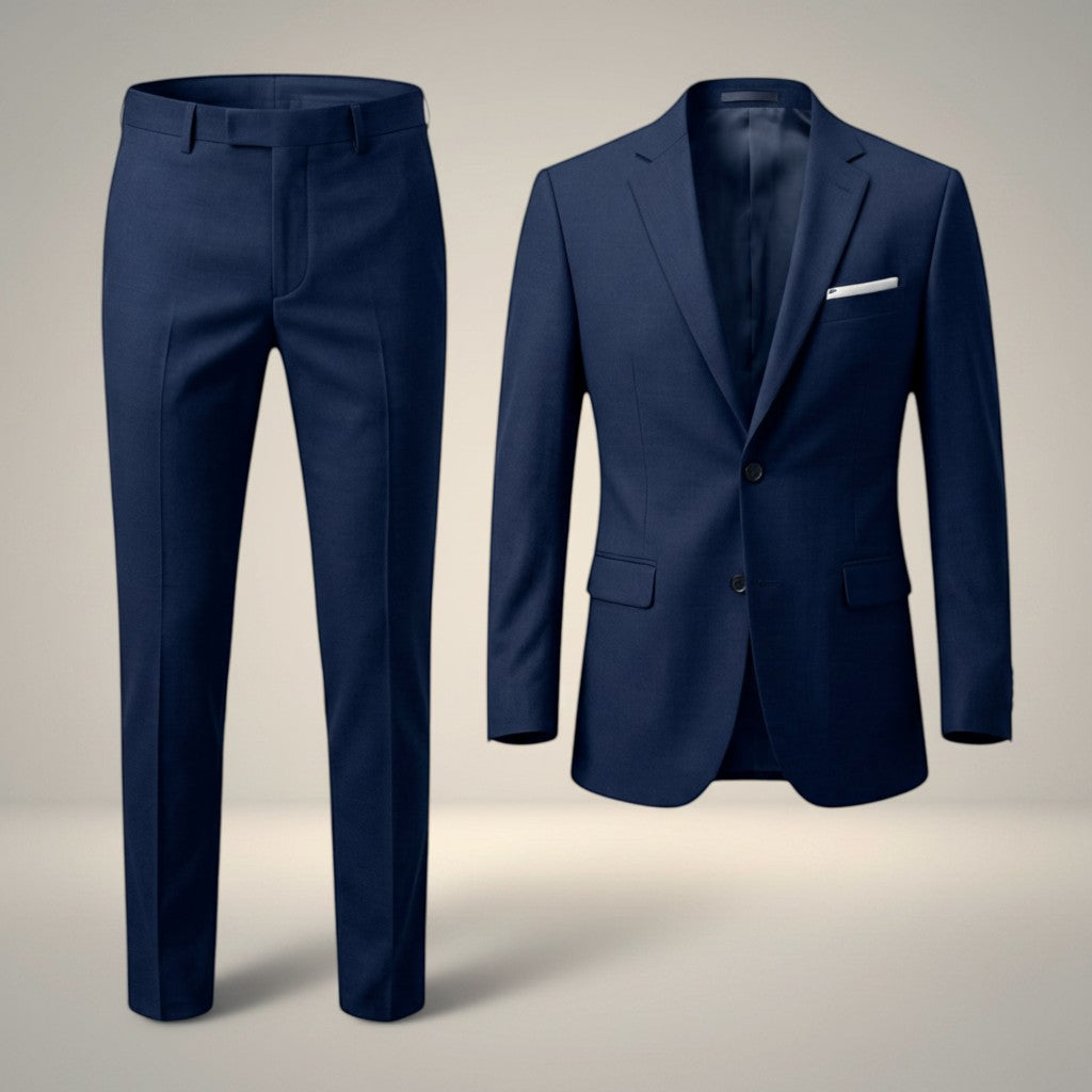 Navy tailored suit set: straight-leg trousers and single-breasted blazer