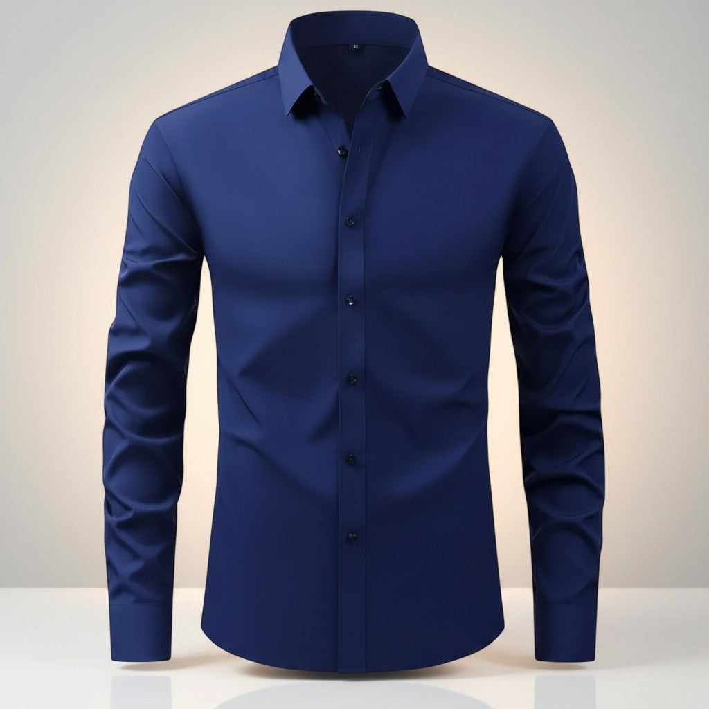 Men's slim-fit stretch dress shirt, navy button-front long sleeves, pointed collar.