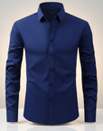 Men's slim-fit stretch dress shirt, navy button-front long sleeves, pointed collar.