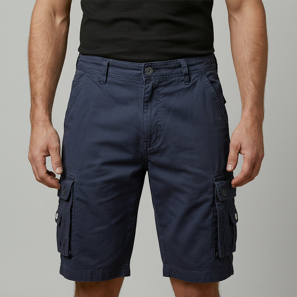 Men's cargo shorts, navy blue with elastic waist and flap cargo pockets.