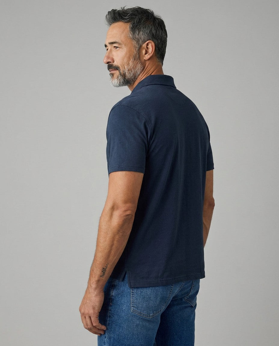 Men's navy cotton polo shirt from the back, short sleeves