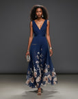 Navy sleeveless V-neck maxi dress with floral panel hem and gathered waist