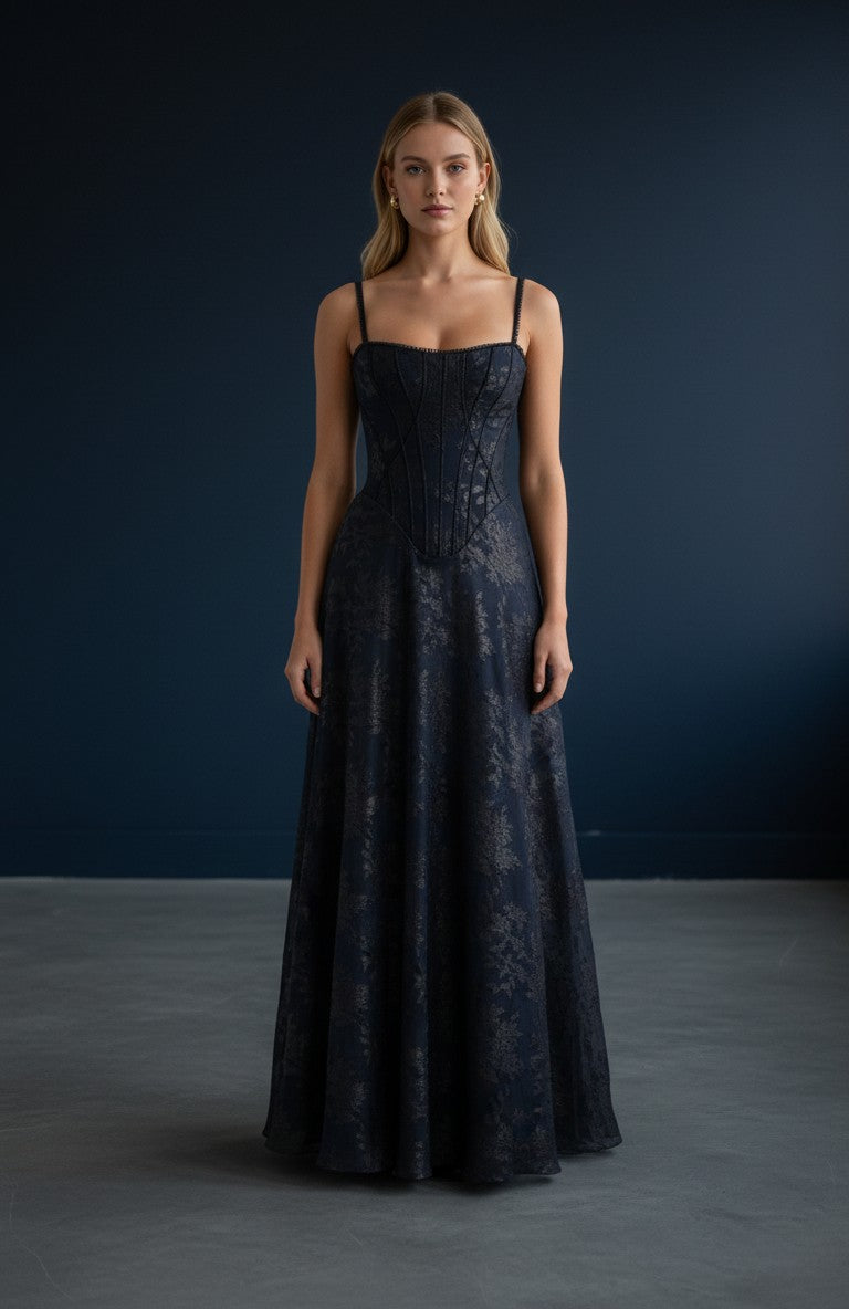 Black floral maxi dress with spaghetti straps and corset-style bodice, full skirt