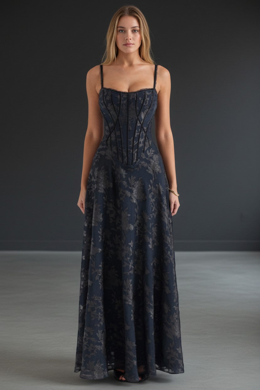 Navy-black floral maxi dress with spaghetti straps and gathered corset bodice