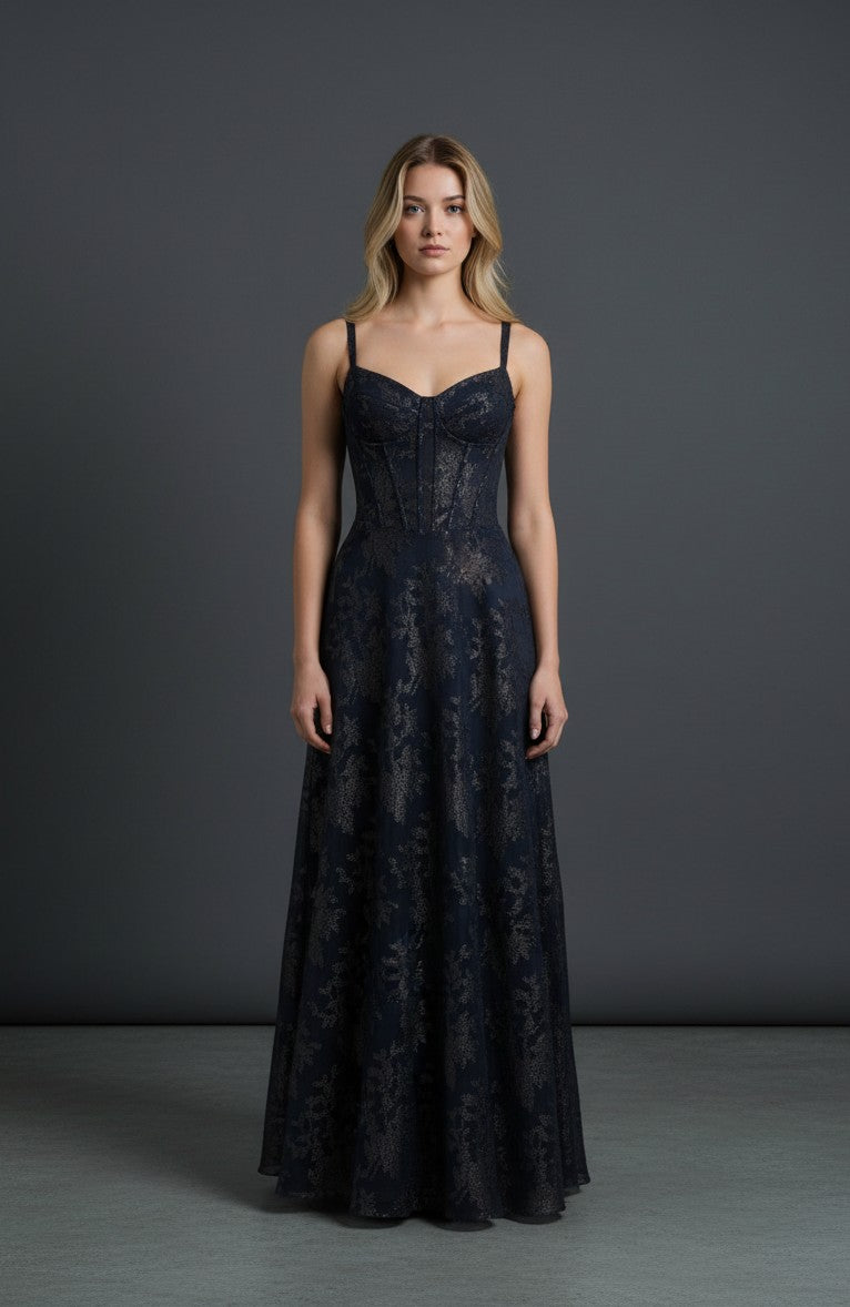 Black floral maxi dress with spaghetti straps and fitted corset bodice