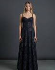 Black floral maxi dress with spaghetti straps and fitted corset bodice
