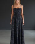 Navy-black floral maxi dress with spaghetti straps and gathered corset bodice