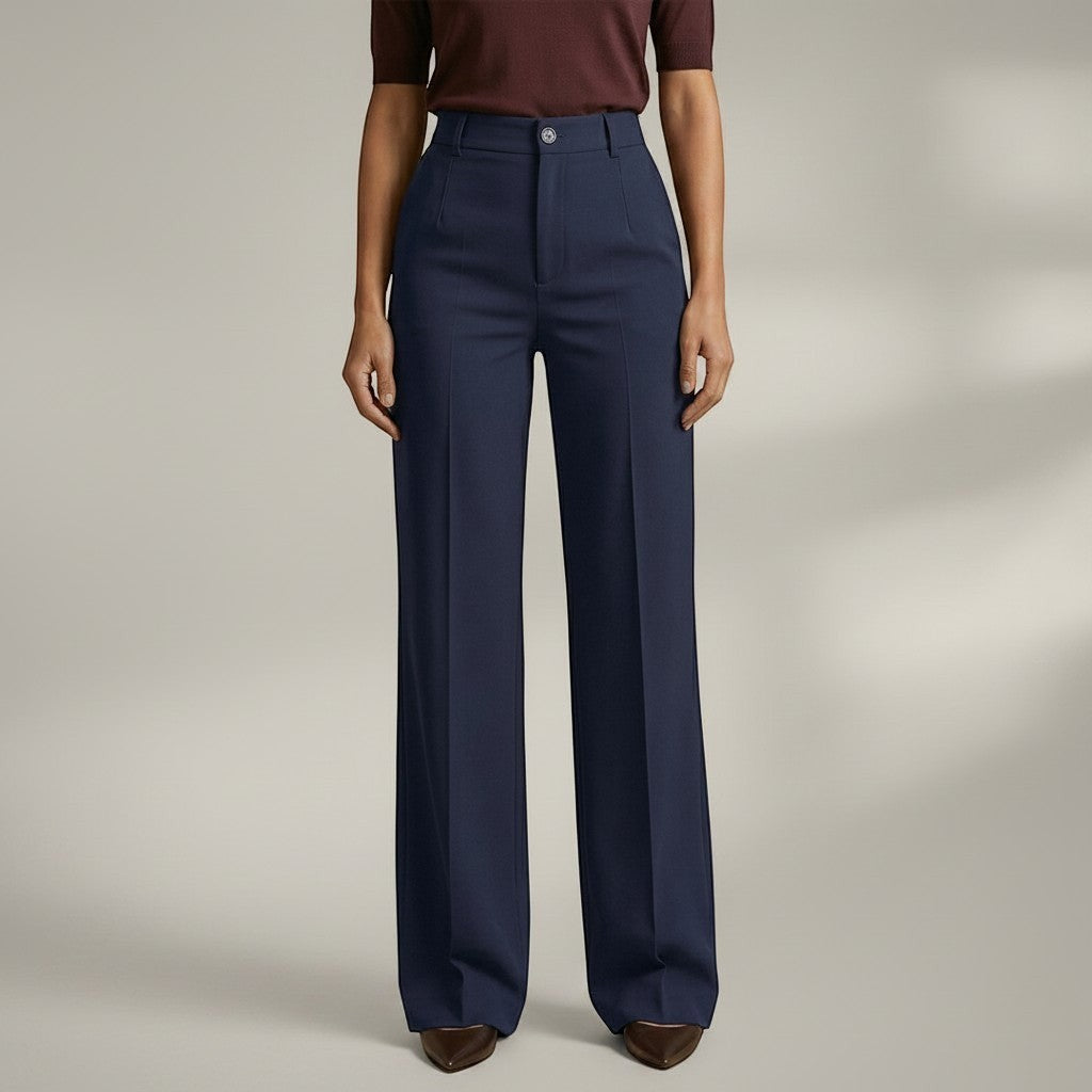 High-waist tailored trousers in navy blue with belt loops and front button closure