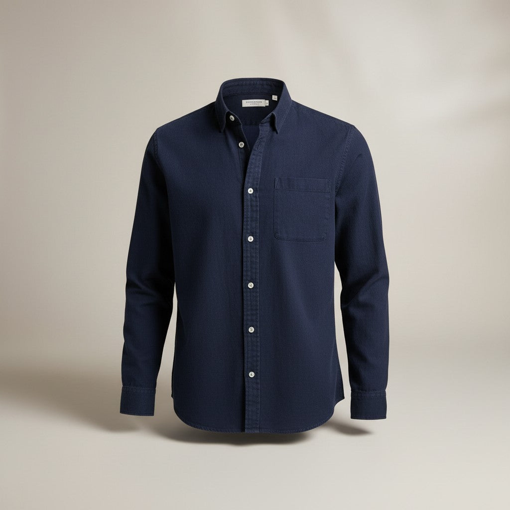 Men's slim fit long sleeve button-up shirt, solid navy with chest pocket and buttons