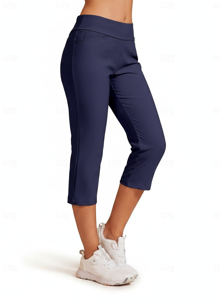 Navy blue capri pants with stretch seams and cropped straight-leg cut