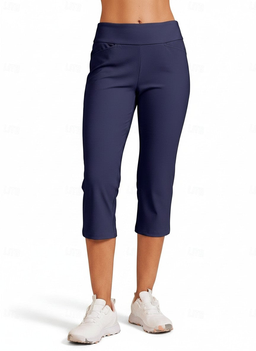 Navy blue capri pants with back yoke seam, pull-on waistband and cropped length
