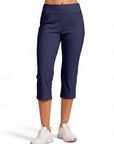 Navy blue capri pants with back yoke seam, pull-on waistband and cropped length