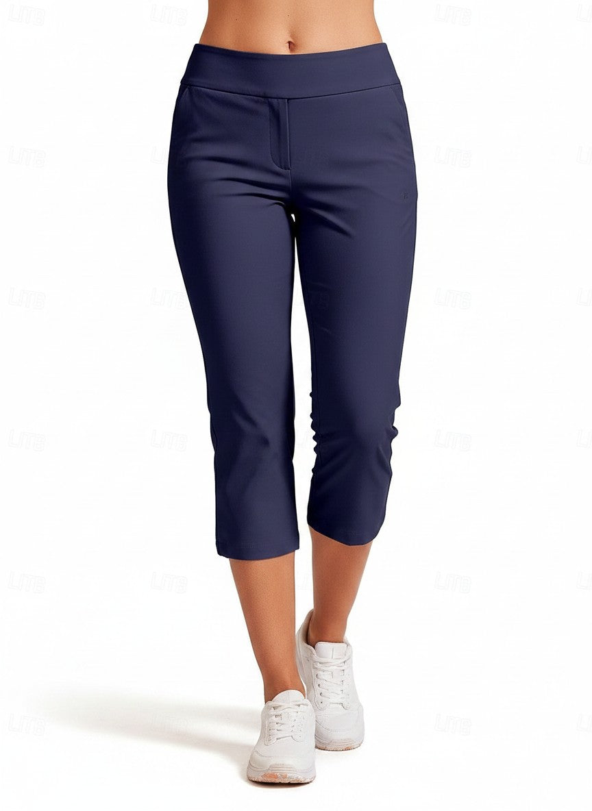 Navy blue capri pants with stretch fit, pull-on waistband and tapered legs