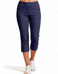 Navy blue capri pants with stretch fit, pull-on waistband and tapered legs