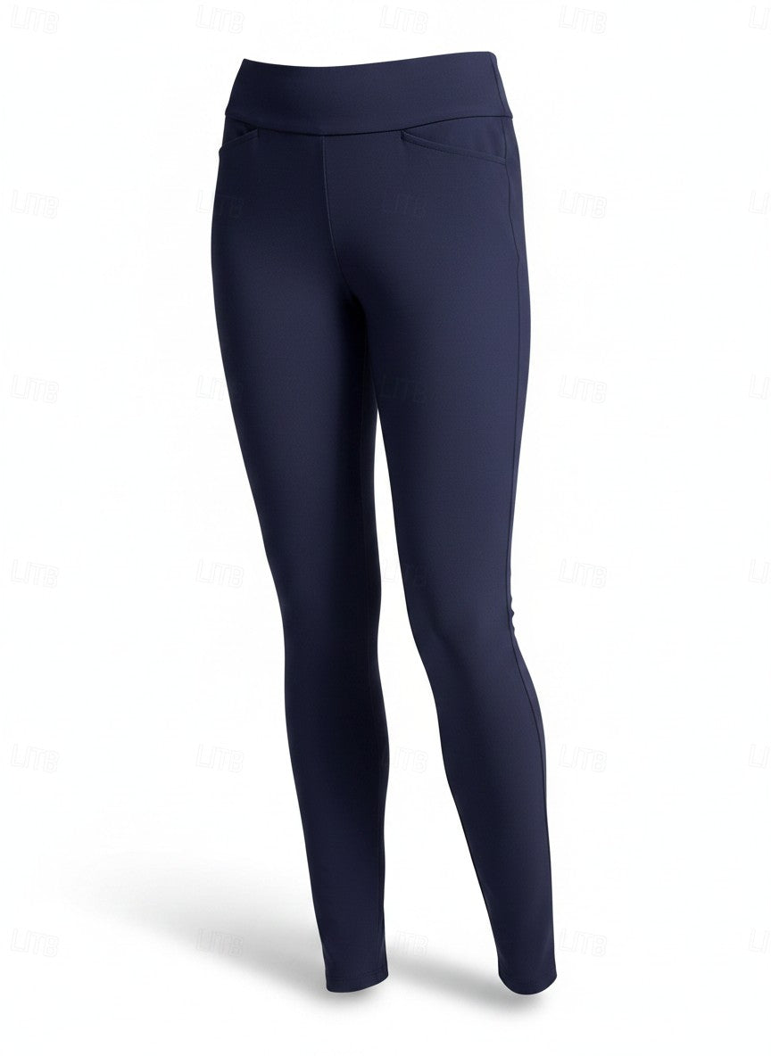 Navy blue fitted capri pants with smooth pull-on waist and tapered legs