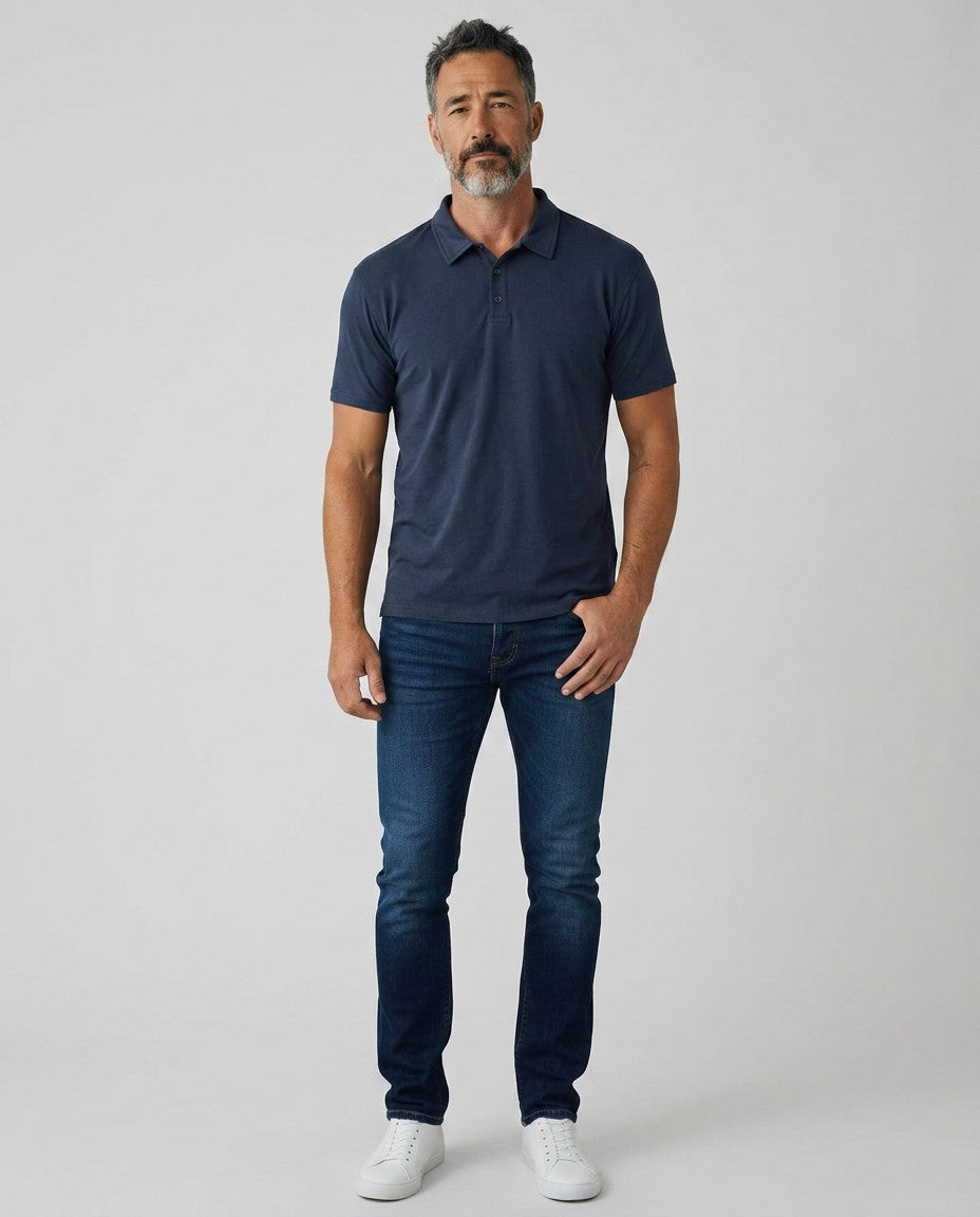 Men's navy cotton short-sleeve polo shirt with spread collar
