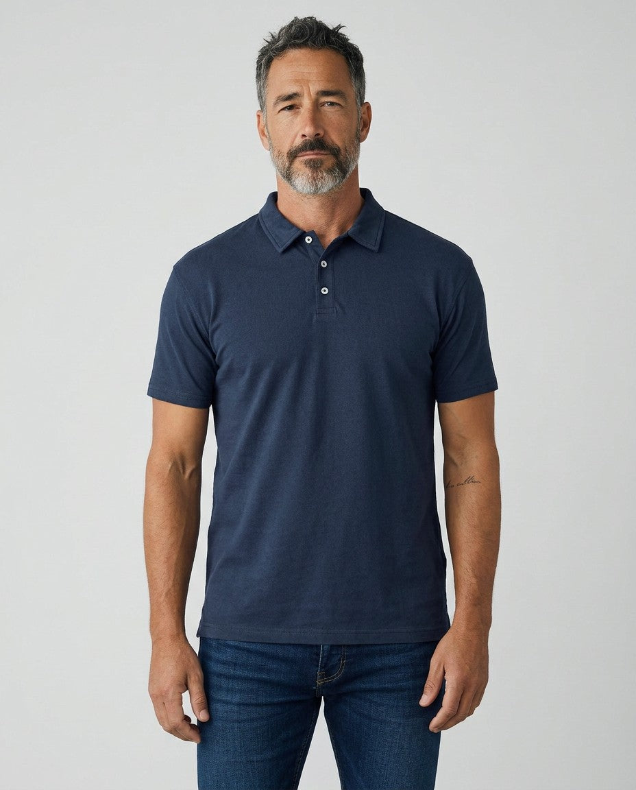 Men's navy cotton short-sleeve polo shirt with buttoned placket