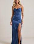Blue satin maxi dress with spaghetti straps and high leg slit