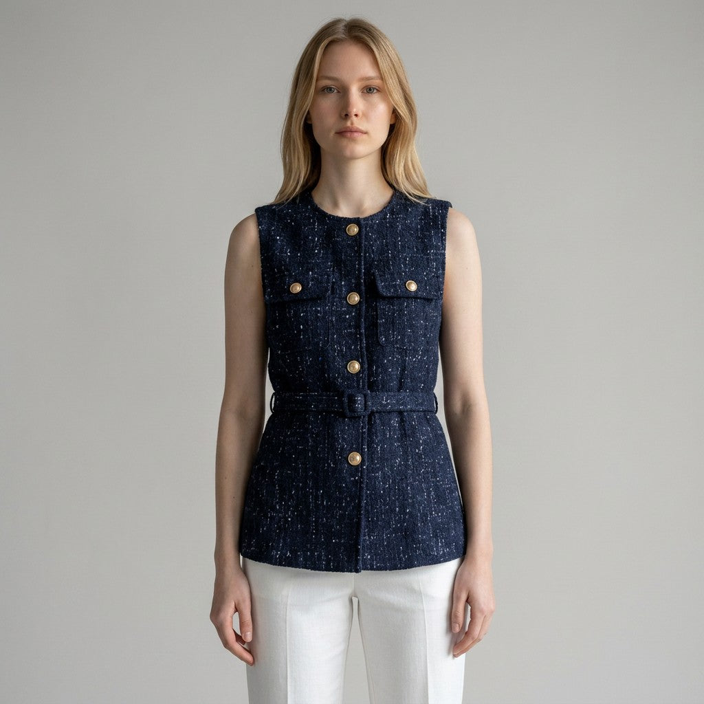 Navy tweed sleeveless vest with gold button front, patch pockets, and waist belt