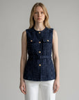 Navy tweed sleeveless vest with gold button front, patch pockets, and waist belt