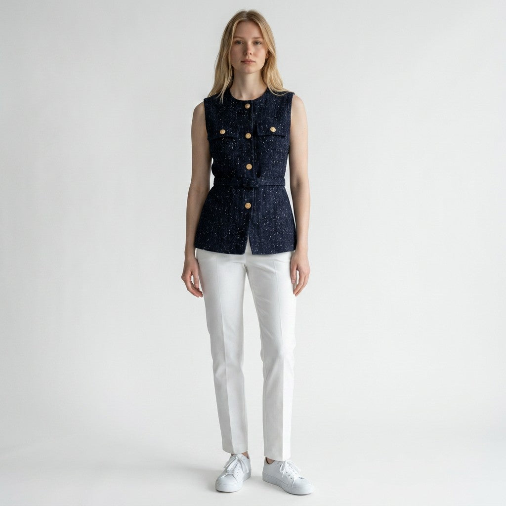 Navy tweed sleeveless vest with gold buttons, patch pockets, and waist tie belt