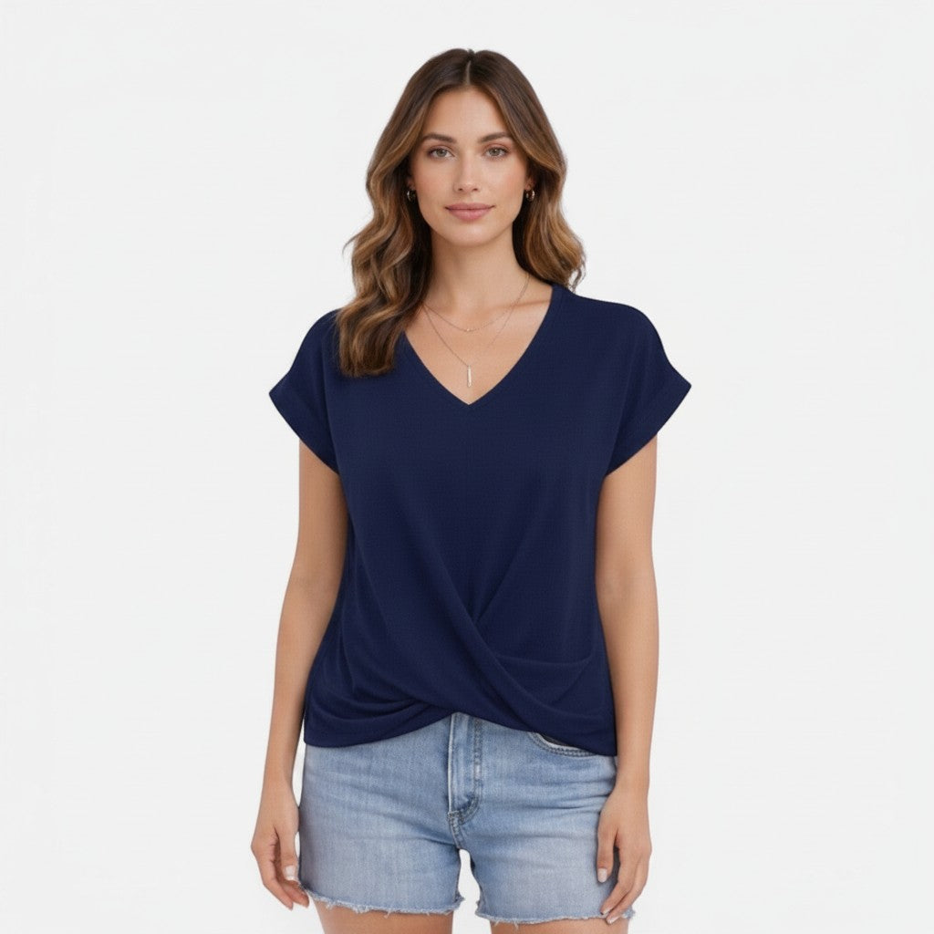 Cotton V-neck twist-front T-shirt, short sleeves, navy
