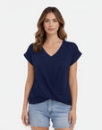Cotton V-neck twist-front T-shirt, short sleeves, navy