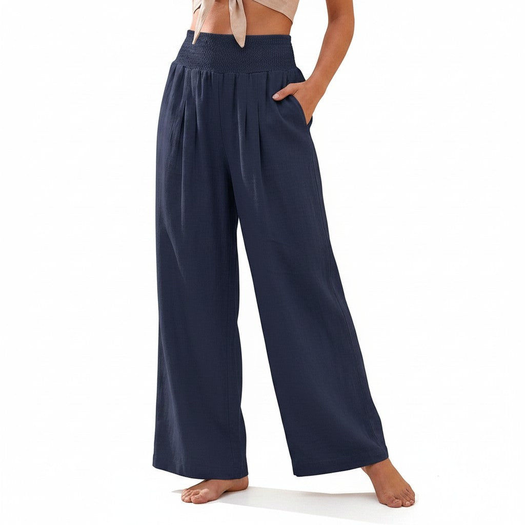Navy smocked high-waist wide-leg pants with gathered elastic waistband