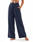 Navy smocked high-waist wide-leg pants with gathered elastic waistband