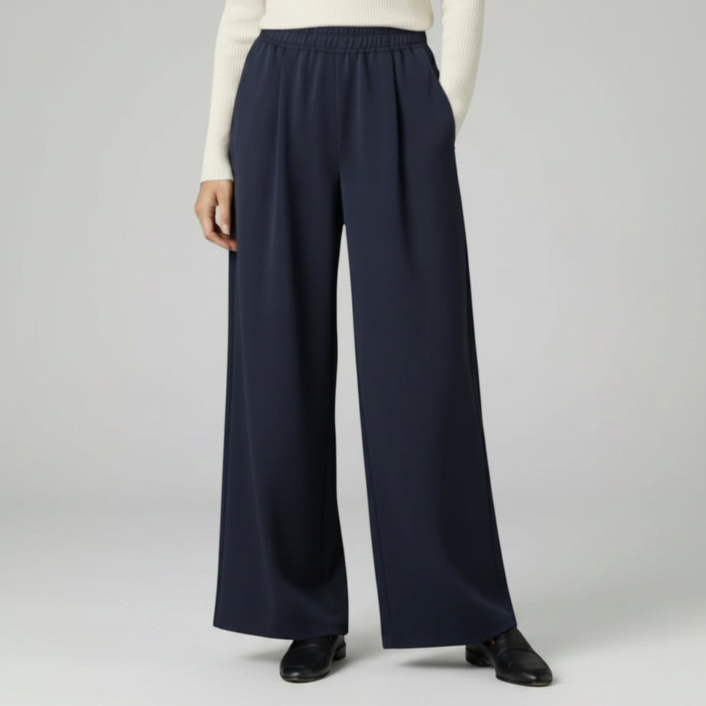 Wide-leg trousers with elastic waistband, navy, pleated front