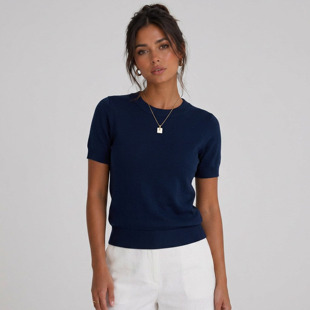 Women’s wool-blend knit sweater, navy short-sleeve crewneck with rib hem