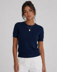 Women’s wool-blend knit sweater, navy short-sleeve crewneck with rib hem