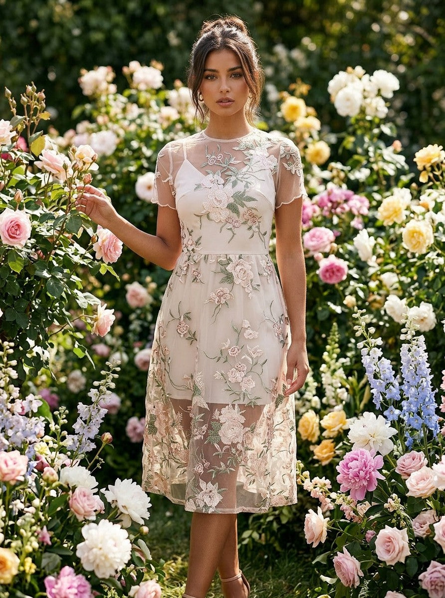 Women's Floral Embroidered Mesh Midi Dress | Elegant Sheer Overlay Cocktail Gown 2