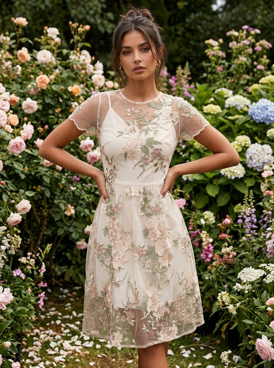 Women's Floral Embroidered Mesh Midi Dress | Elegant Sheer Overlay Cocktail Gown 3