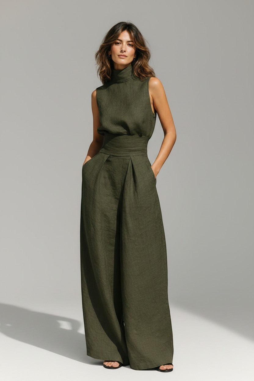 BENJAMIN LONDON women's olive green linen blend tank top and wide-leg pants set with high neck and defined waist.